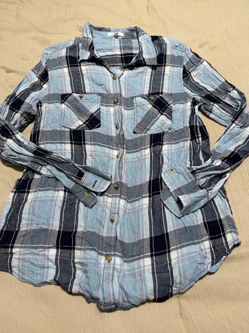 Maurices Light Blue and Navy Plaid Button-Up Shirt